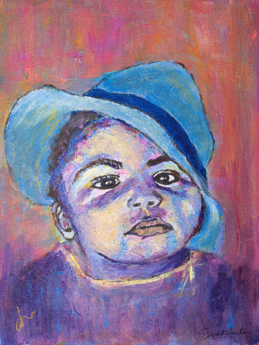 Boy child with blue hat to the side in bold colours of pinks, purples, yellows