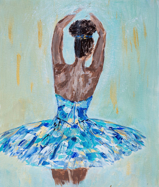 Print featuring black or african american ballerina in blue, aqua, white and gold tutu with soft green background with gold accents