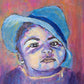 Boy child with blue hat to the side in bold colours of pinks, purples, yellows