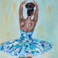 Poster Satin Photo Paper Print Print featuring black or african american ballerina in blue, aqua, white and gold tutu with soft green background with gold accents