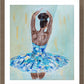 Framed Print in champagne frame of  black or african american ballerina in blue, aqua, white and gold tutu with soft green background with gold accents