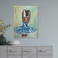 Print featuring black or african american ballerina in blue, aqua, white and gold tutu with soft green background with gold accents in hallway over grey hallway hutch.