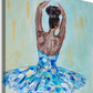  Stretched Canvas Print of Print featuring black or african american ballerina in blue, aqua, white and gold tutu with soft green background with gold accents