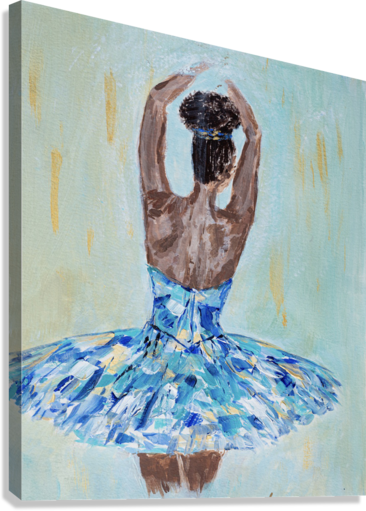  Stretched Canvas Print of Print featuring black or african american ballerina in blue, aqua, white and gold tutu with soft green background with gold accents